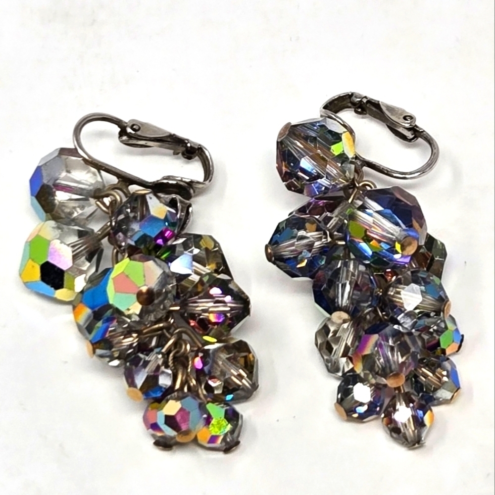 Vintage Laguna Ab Coated Faceted Crystal Cha Cha Clip On Earrings Women Jewelry